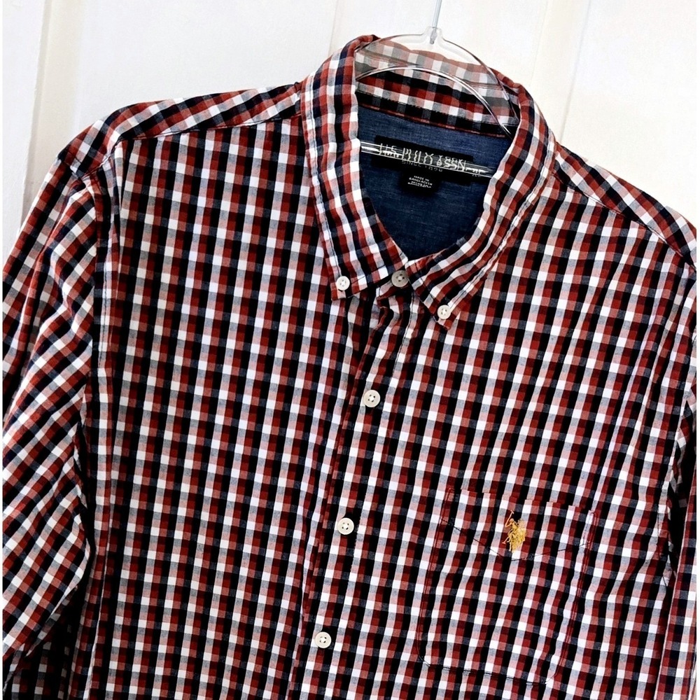 US Polo Assn Mens XL Long Sleeve‎ Button Down Shirt Red Navy White Gingham Check